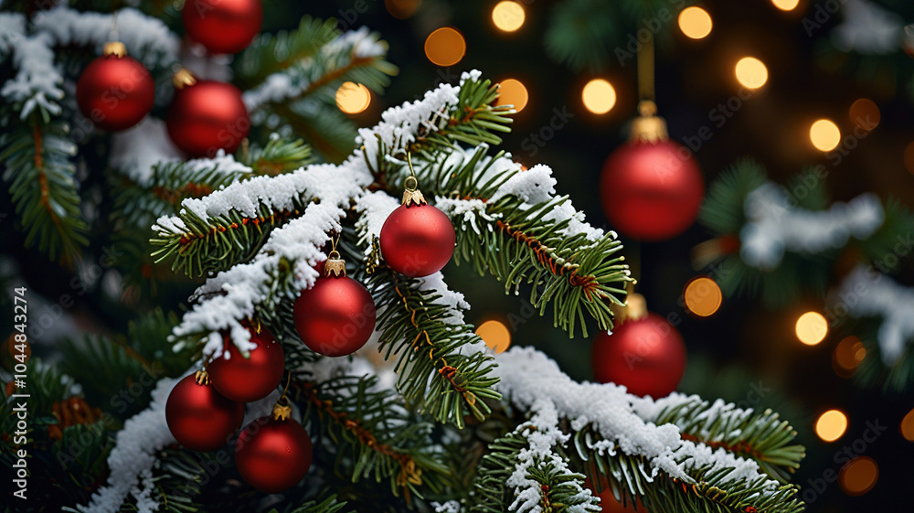 Snowy Christmas Tree Branch with Red Ornaments Snowy Christmas Tree Branch with Red Ornaments