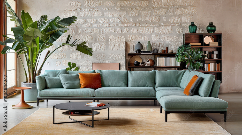 stylish living room featuring pastel mint blue sectional sofa, complemented by decorative plants and modern furniture. warm atmosphere invites relaxation and comfort stylish living room featuring pastel mint blue sectional sofa, complemented by decorative plants and modern furniture. warm atmosphere invites relaxation and comfort