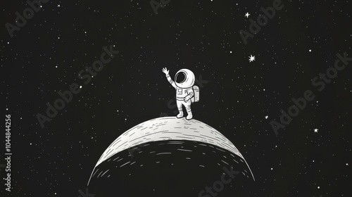 A lone astronaut stands on a celestial body, reaching out towards a star-filled sky.