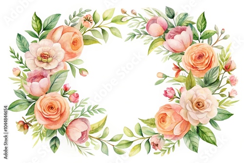 Watercolor floral border wreath with green leaves pink peach blush and flower branches Asymmetrical