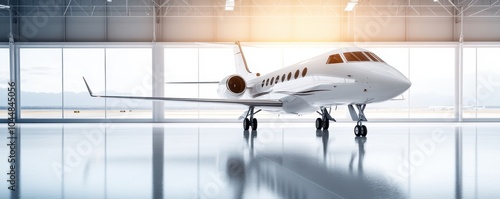 A sleek private jet parked inside a modern hangar, showcasing luxury and sophistication in aviation.