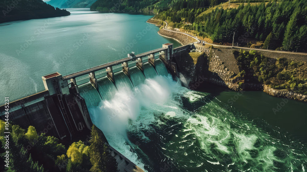 hydroelectric dam with massive amounts of water flowing through its gates, surrounded by lush greenery and mountains, showcases power of nature and engineering hydroelectric dam with massive amounts of water flowing through its gates, surrounded by lush greenery and mountains, showcases power of nature and engineering
