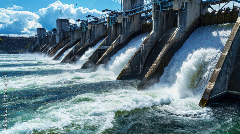 hydroelectric dam with massive amounts of water flowing through its gates, showcasing power of renewable energy. scene is vibrant and dynamic, reflecting energy of nature hydroelectric dam with massive amounts of water flowing through its gates, showcasing power of renewable energy. scene is vibrant and dynamic, reflecting energy of nature