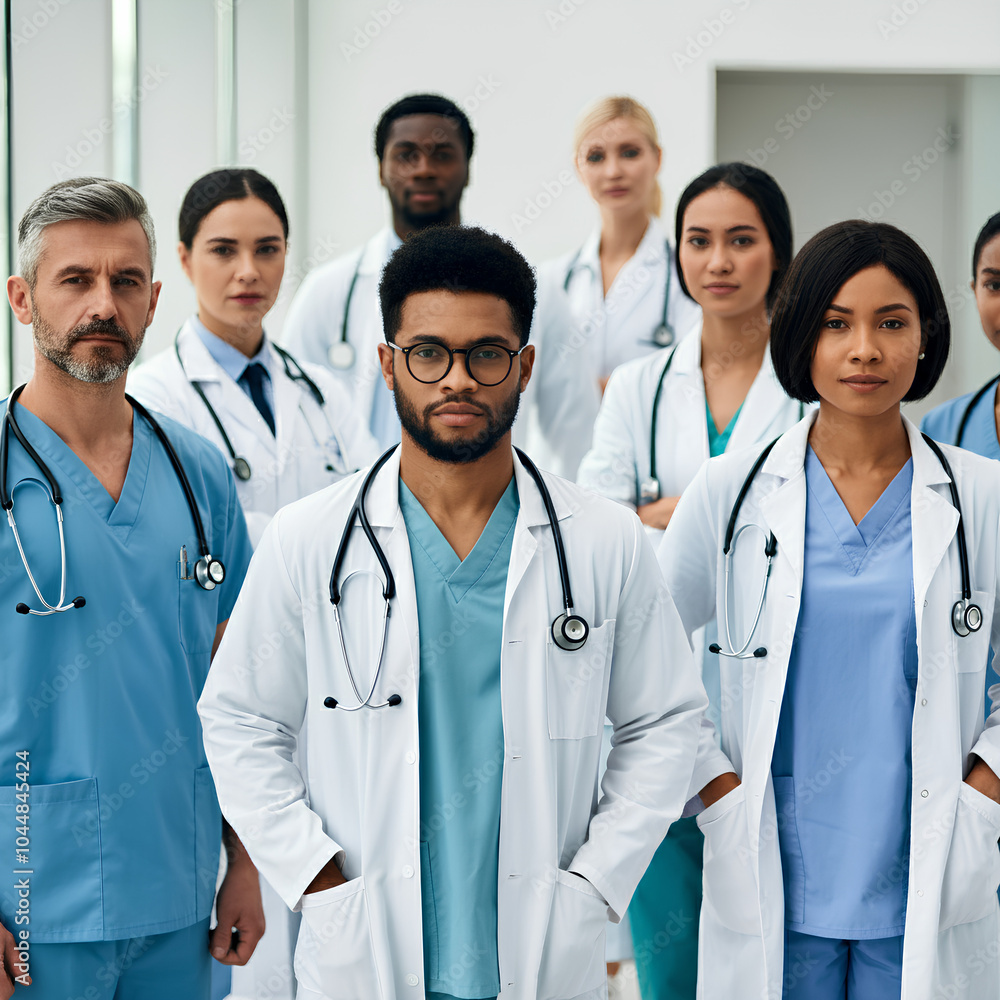 A diverse group of doctors and medical professionals in scrubs and lab coats, standing confidently together. A diverse group of doctors and medical professionals in scrubs and lab coats, standing confidently together.