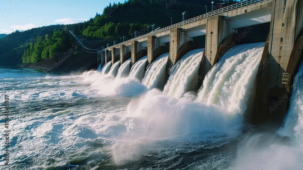 hydroelectric dam with massive amounts of water flowing through its gates, showcasing power of nature and engineering. scene is vibrant and dynamic, reflecting energy generated by rushing water hydroelectric dam with massive amounts of water flowing through its gates, showcasing power of nature and engineering. scene is vibrant and dynamic, reflecting energy generated by rushing water
