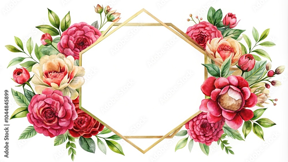 Fototapeta premium Watercolor floral illustration with golden frame