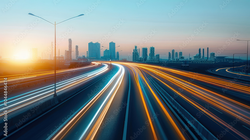Long exposure of light trails from vehicles on highway with city skyline in background during sunset, creating dynamic and vibrant atmosphere Long exposure of light trails from vehicles on highway with city skyline in background during sunset, creating dynamic and vibrant atmosphere