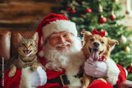  man in a Santa hat is holding a cat and a dog. The cat is smiling and the dog is wagging its tail. The scene is festive and joyful, with the man and his pets enjoying the holiday season