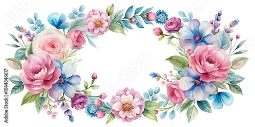 watercolor floral wreath pink blue flowers white background