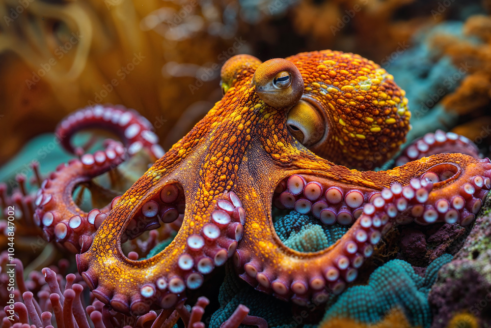 Obraz premium Vibrant octopus nestled in a colorful coral reef. Generative AI image