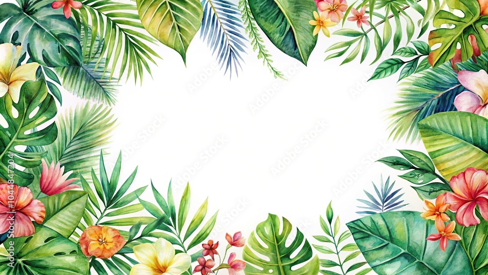 Watercolor frame of tropical leaves and flowers on white background Watercolor frame of tropical leaves and flowers on white background