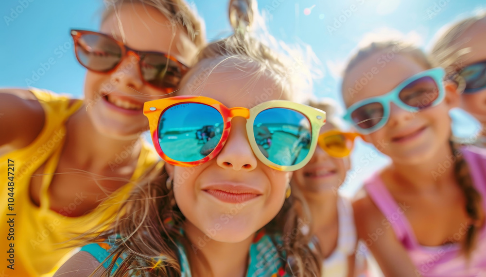 Cheerful children in colorful glasses taking a summer selfie. Generative AI image Cheerful children in colorful glasses taking a summer selfie. Generative AI image