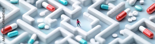 A tiny figure navigates a maze of colorful pills, symbolizing challenges in health and wellness.