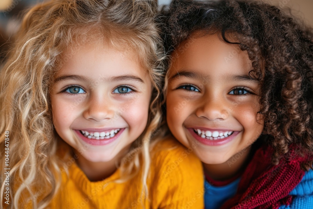 Two children with curly hair joyfully smile, displaying their bright, infectious expressions, embodying childhood delight, innocence, and exuberant happiness. Two children with curly hair joyfully smile, displaying their bright, infectious expressions, embodying childhood delight, innocence, and exuberant happiness.
