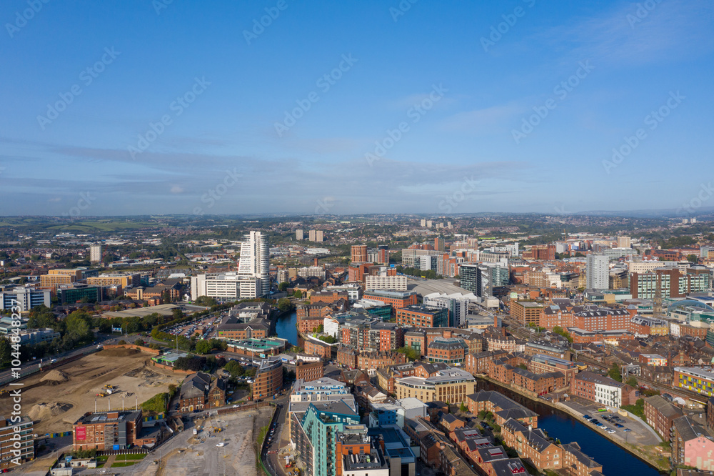 Aerial drone photo of the Leeds city centre showing the main city centre from above on a bright sunny summers day in the West Yorkshire city Aerial drone photo of the Leeds city centre showing the main city centre from above on a bright sunny summers day in the West Yorkshire city
