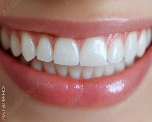 Bright and shiny smile, closeup, natural white teeth, focus on dental hygiene and beauty photo