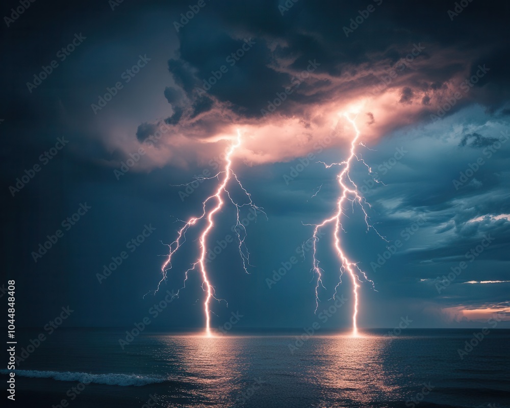 Fototapeta premium Multiple lightning bolts crossing over an open ocean during a storm, lightning bolt, powerful nature
