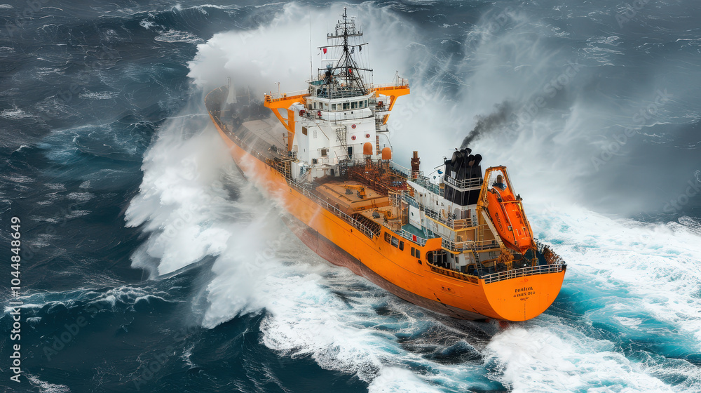 Massive cargo vessel powering through waves, creating dramatic splashes and smoke. ships vibrant orange color contrasts with turbulent sea, showcasing its strength and resilience Massive cargo vessel powering through waves, creating dramatic splashes and smoke. ships vibrant orange color contrasts with turbulent sea, showcasing its strength and resilience