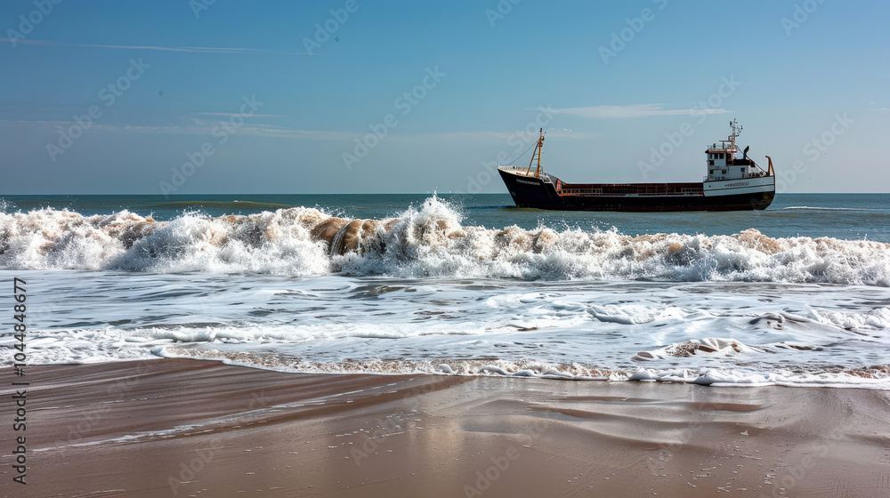 Massive cargo vessel powering through waves, creating stunning contrast against sandy beach and foamy surf. scene captures beauty of maritime activity Massive cargo vessel powering through waves, creating stunning contrast against sandy beach and foamy surf. scene captures beauty of maritime activity