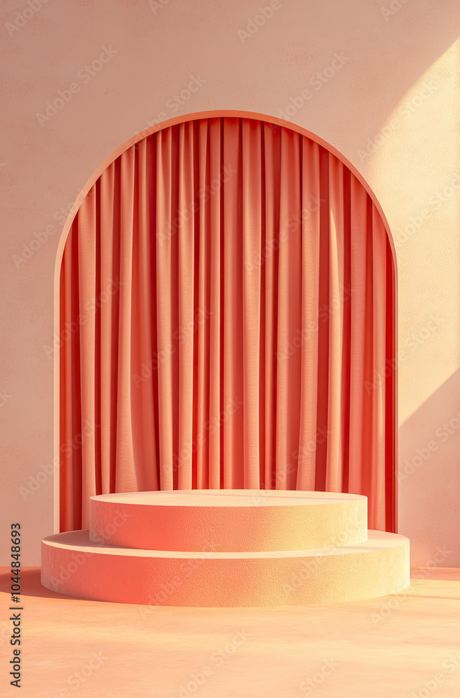 3D Rendered Podium with Soft Apricot Curtains 3D Rendered Podium with Soft Apricot Curtains