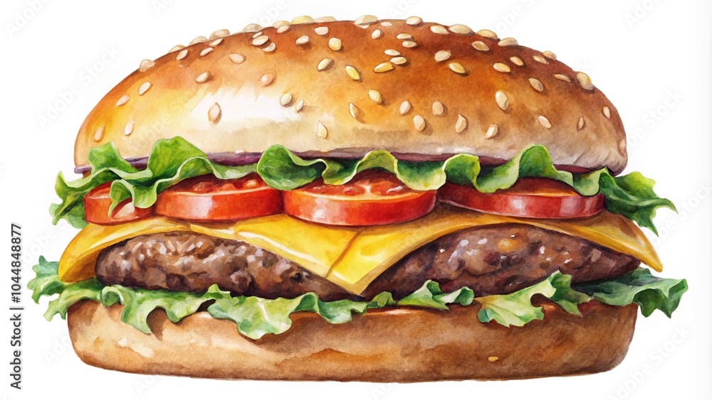 Watercolor illustration of a cheeseburger on a white background Watercolor illustration of a cheeseburger on a white background