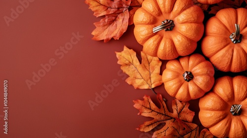 A vibrant arrangement of orange pumpkins and autumn leaves on a warm-toned background, evoking a cozy fall atmosphere.