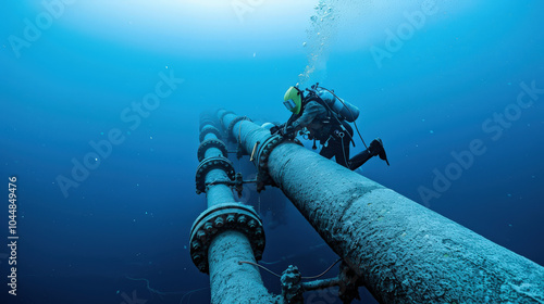 Diver exploring massive underwater gas pipes in deep blue ocean, showcasing intricate structures and marine environment. scene evokes sense of adventure and discovery