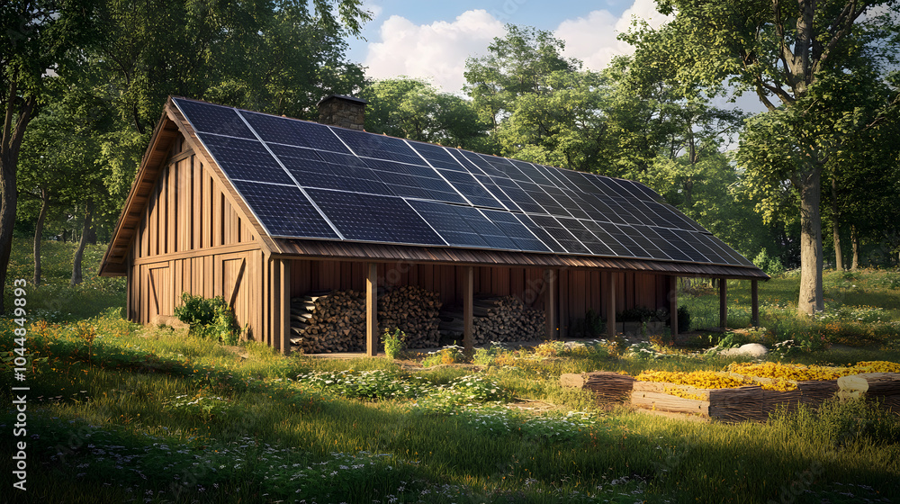 An eco-friendly harvest storage building with solar panels, promoting sustainability for Thanksgiving harvests. An eco-friendly harvest storage building with solar panels, promoting sustainability for Thanksgiving harvests.