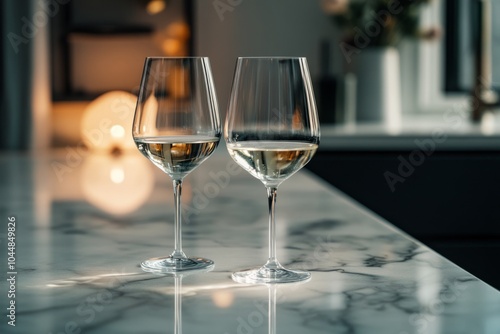 Two elegant wine glasses filled with white wine rest on a marbled table. The soft lighting creates a warm atmosphere. Perfect for a sophisticated setting. Generative AI