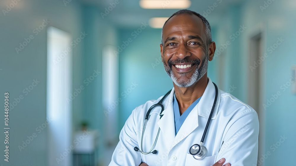 Friendly adult male doctor in workwear with stethoscope on neck in clinic interior, looking and smiling at camera, copy space Friendly adult male doctor in workwear with stethoscope on neck in clinic interior, looking and smiling at camera, copy space
