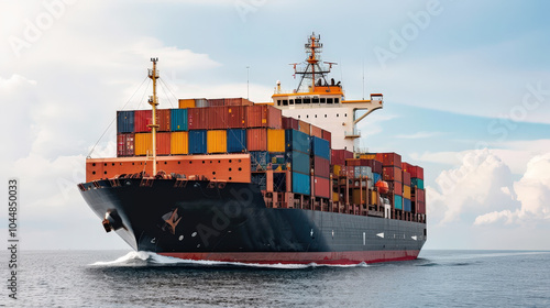 Massive shipping vessel powering through ocean, loaded with colorful containers, showcasing maritime transport and global trade. scene captures essence of shipping industry