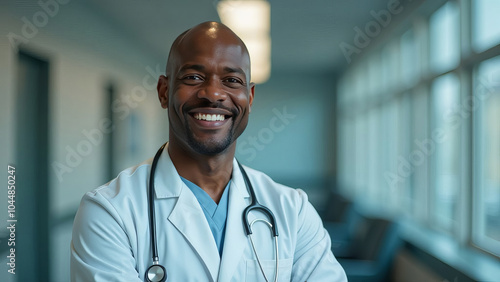 Friendly adult male doctor in workwear with stethoscope on neck in clinic interior, looking and smiling at camera, copy space