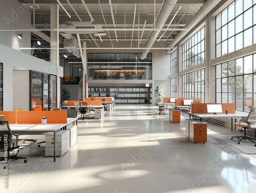 A 3D render of an open office space with modern furniture