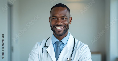 Friendly adult male doctor in workwear with stethoscope on neck in clinic interior, looking and smiling at camera, copy space