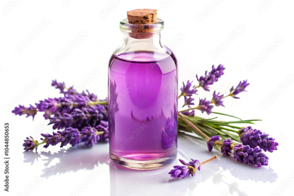 A glass bottle filled with a purple liquid and lavender flowers,isolated on white background A glass bottle filled with a purple liquid and lavender flowers,isolated on white background