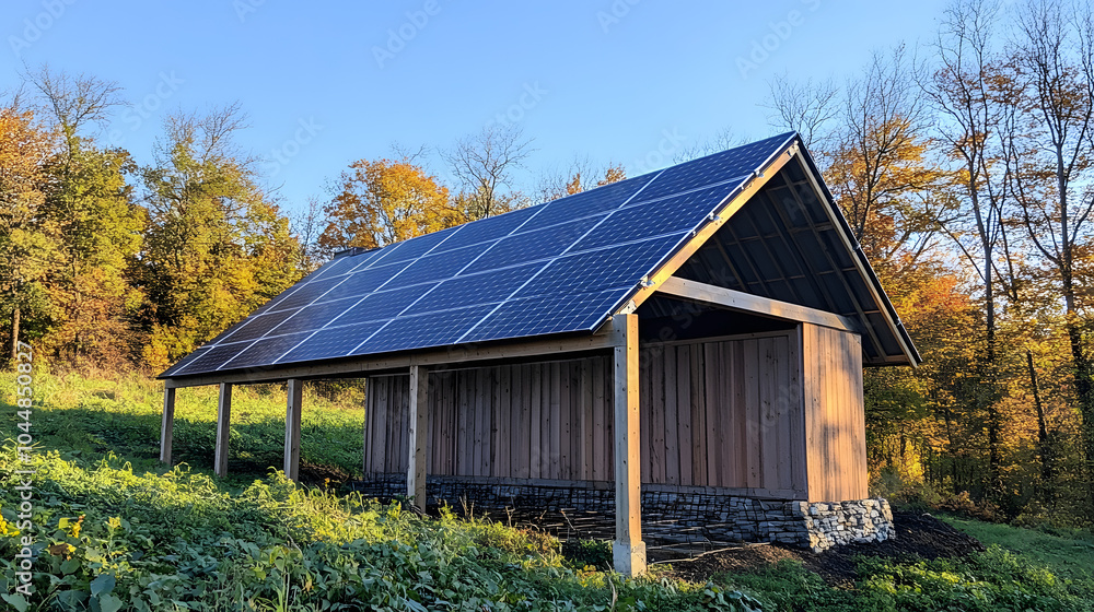 An eco-friendly harvest storage building with solar panels, promoting sustainability for Thanksgiving harvests. An eco-friendly harvest storage building with solar panels, promoting sustainability for Thanksgiving harvests.
