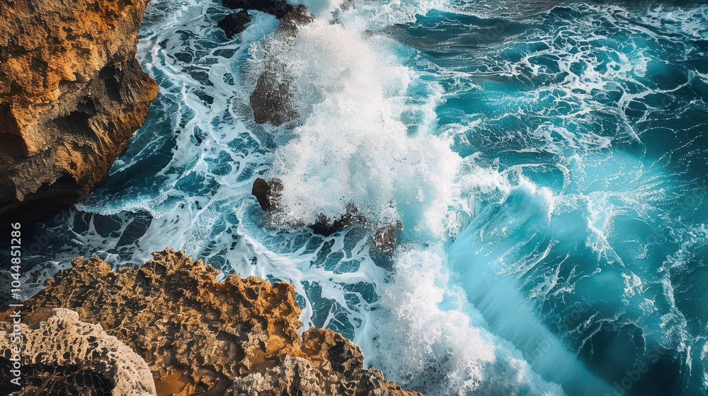 Obraz premium ocean wave crashes powerfully against rocky cliffs, creating stunning display of natures force and beauty. vibrant blue water contrasts with rugged rocks, evoking sense of awe and tranquility