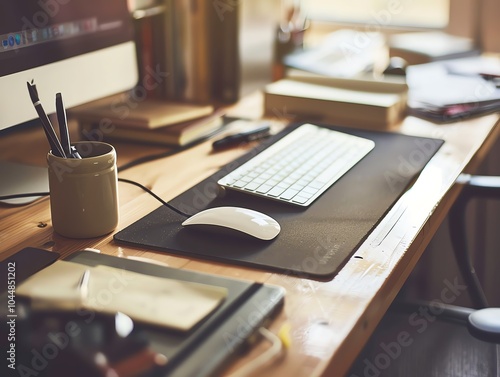 Wallpaper Mural A closeup view of a desk with a keyboard, mouse, and phone Torontodigital.ca