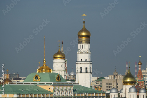 Russia, Moscow, Moscow Kremlin, Kremlin wall, Kremlin towers and bell tower. View from The Cathedral of Christ the Saviour