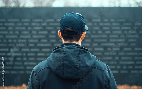 Veteran standing in front of the Vietnam War Memorial, hand on the engraved names, with a thoughtful expression, Veterans Day, Memorial, Reflection photo