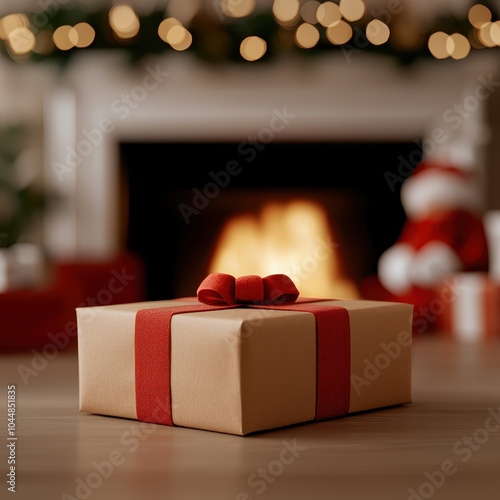 Wrapped gift box with red ribbon near a cozy fireplace during the holiday season. photo