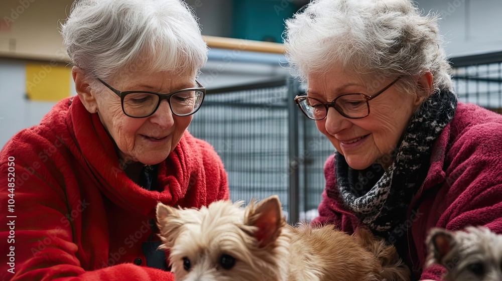 Two Elderly Women Smiling and Holding a Dog Two Elderly Women Smiling and Holding a Dog