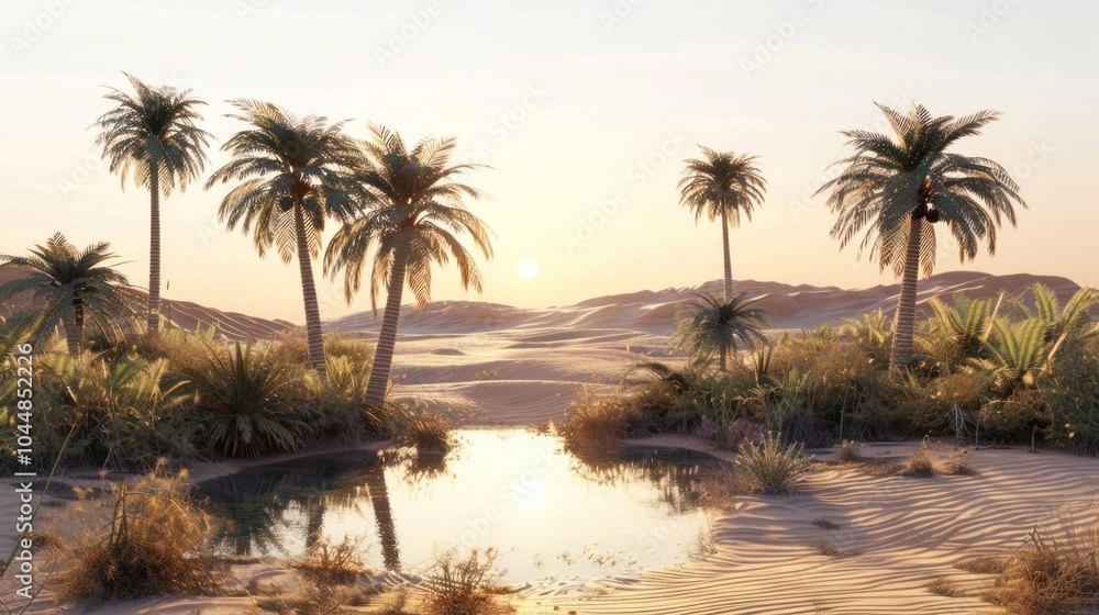 Serene desert oasis sunset