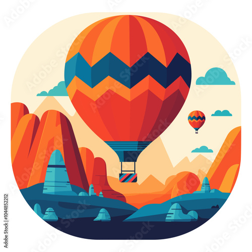 Cappadocia. Round hot air balloon – A circular design of a hot air balloon flying over a rocky landscape.