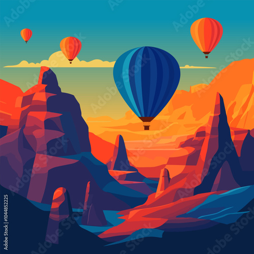 Hot air balloons in canyons – Colorful hot air balloons floating over a scenic red-rock canyon.