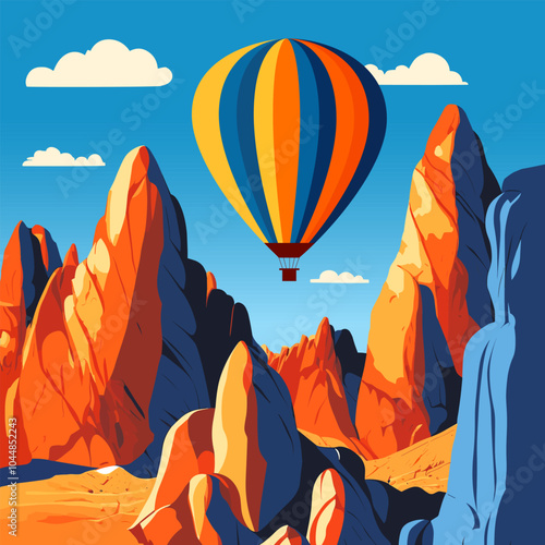 Balloon over desert rocks – A bold illustration of a hot air balloon above towering red rock formations.