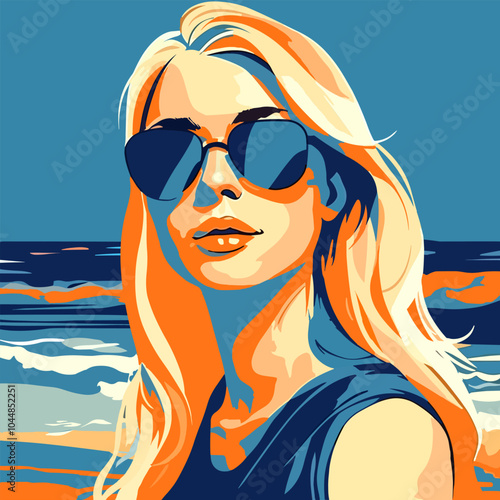 Woman at the beach – A stylized portrait of a woman in sunglasses and a hat, with an ocean backdrop.