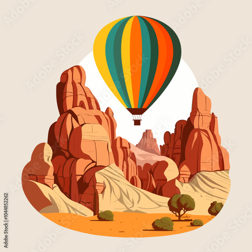 Balloon over cliffs – An illustration of a hot air balloon floating high above desert cliffs.