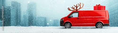 Red delivery van with reindeer antlers and gifts in winter snow. photo