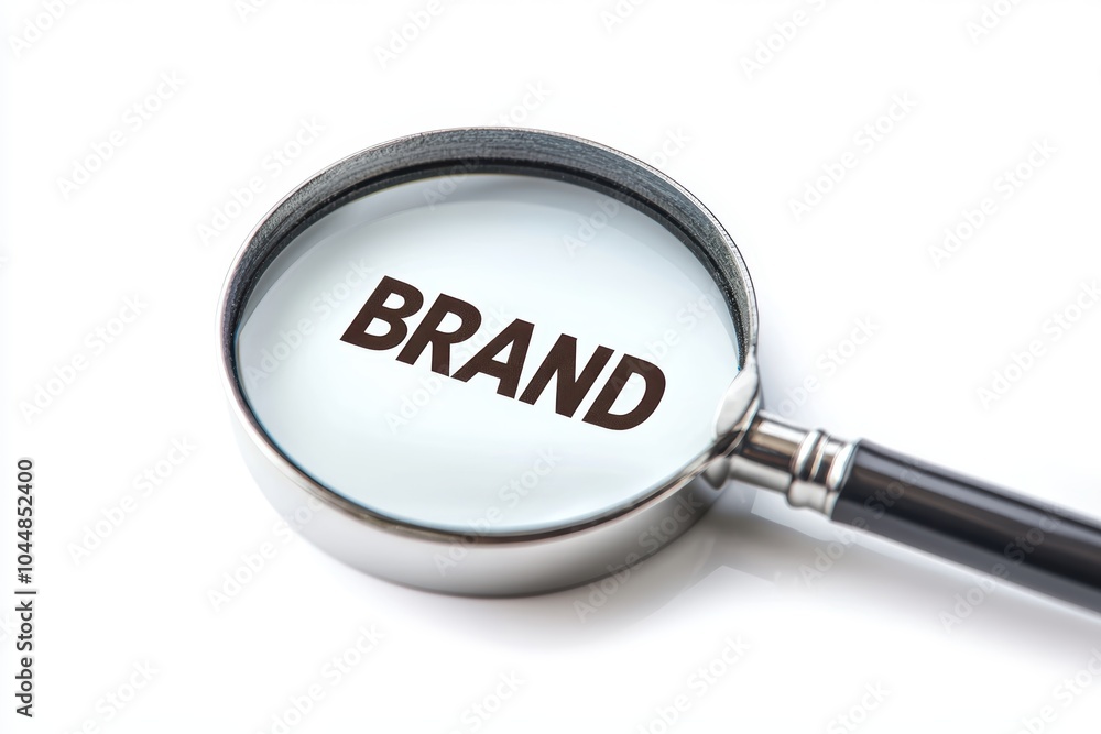 Magnifying glass focusing on the word brand on white background Magnifying glass focusing on the word brand on white background